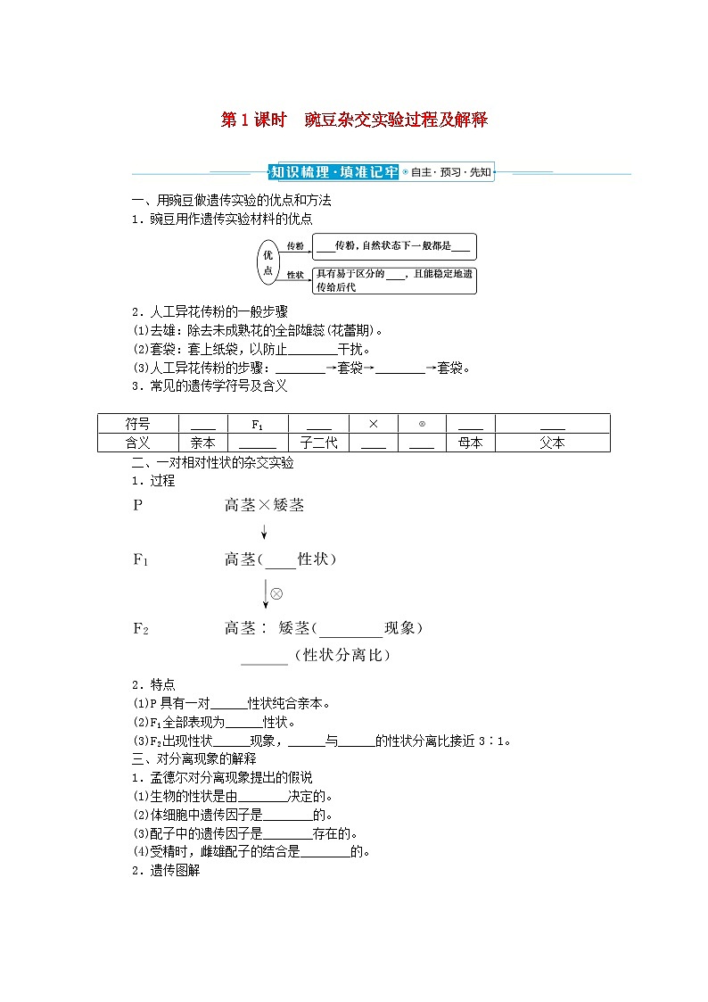 2024版新教材高中生物第1章遗传因子的发现第1节孟德尔的豌豆杂交实验一第1课时豌豆杂交实验过程及解释课前自主预习案新人教版必修2第1页