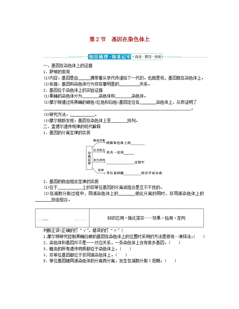 2024版新教材高中生物第2章基因和染色体的关系第2节基因在染色体上课前自主预习案新人教版必修2第1页