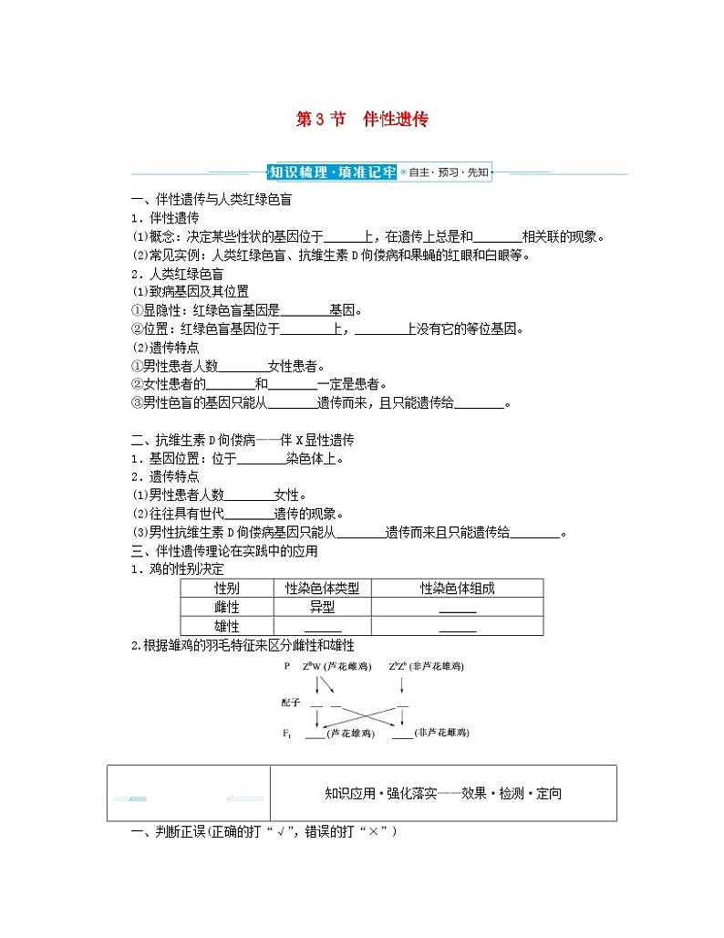 2024版新教材高中生物第2章基因和染色体的关系第3节伴性遗传课前自主预习案新人教版必修2第1页