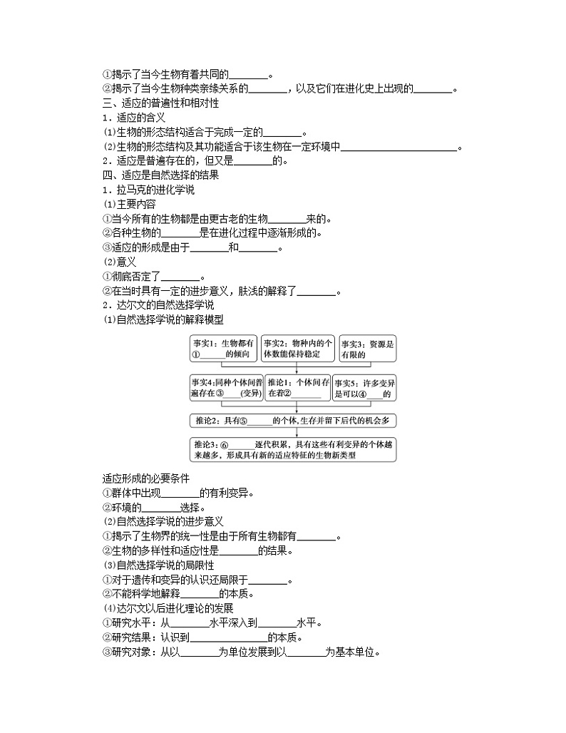 2024版新教材高中生物第6章生物的进化第1节生物有共同祖先的证据第2节自然选择与适应的形成课前自主预习案新人教版必修202