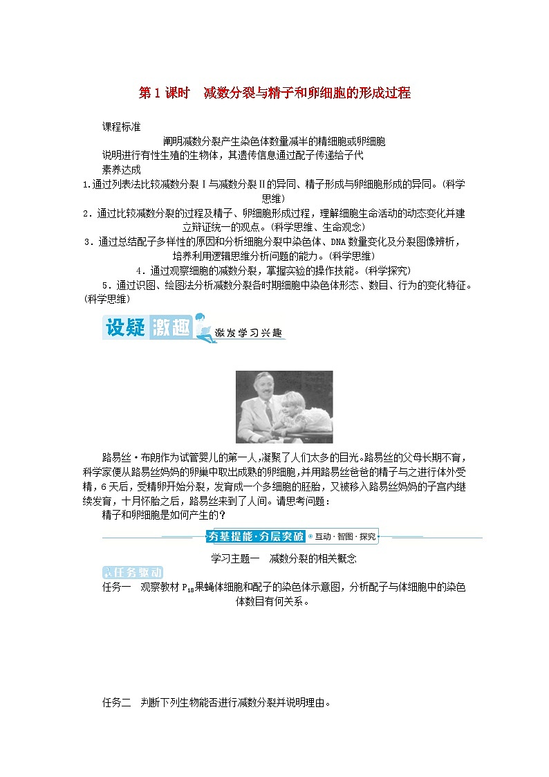 2024版新教材高中生物第2章基因和染色体的关系第1节减数分裂和受精作用第1课时减数分裂与精子和卵细胞的形成过程学生用书学案新人教版必修201