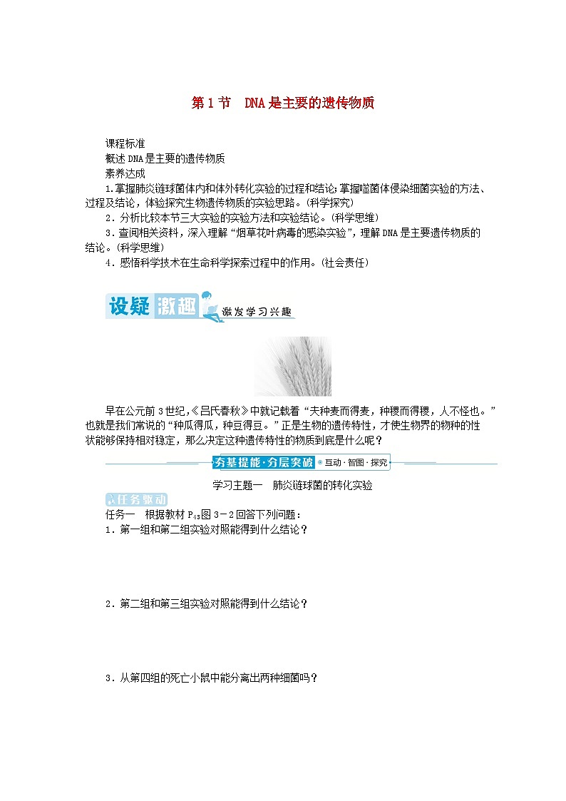 2024版新教材高中生物第3章基因的本质第1节DNA是主要的遗传物质学生用书学案新人教版必修201