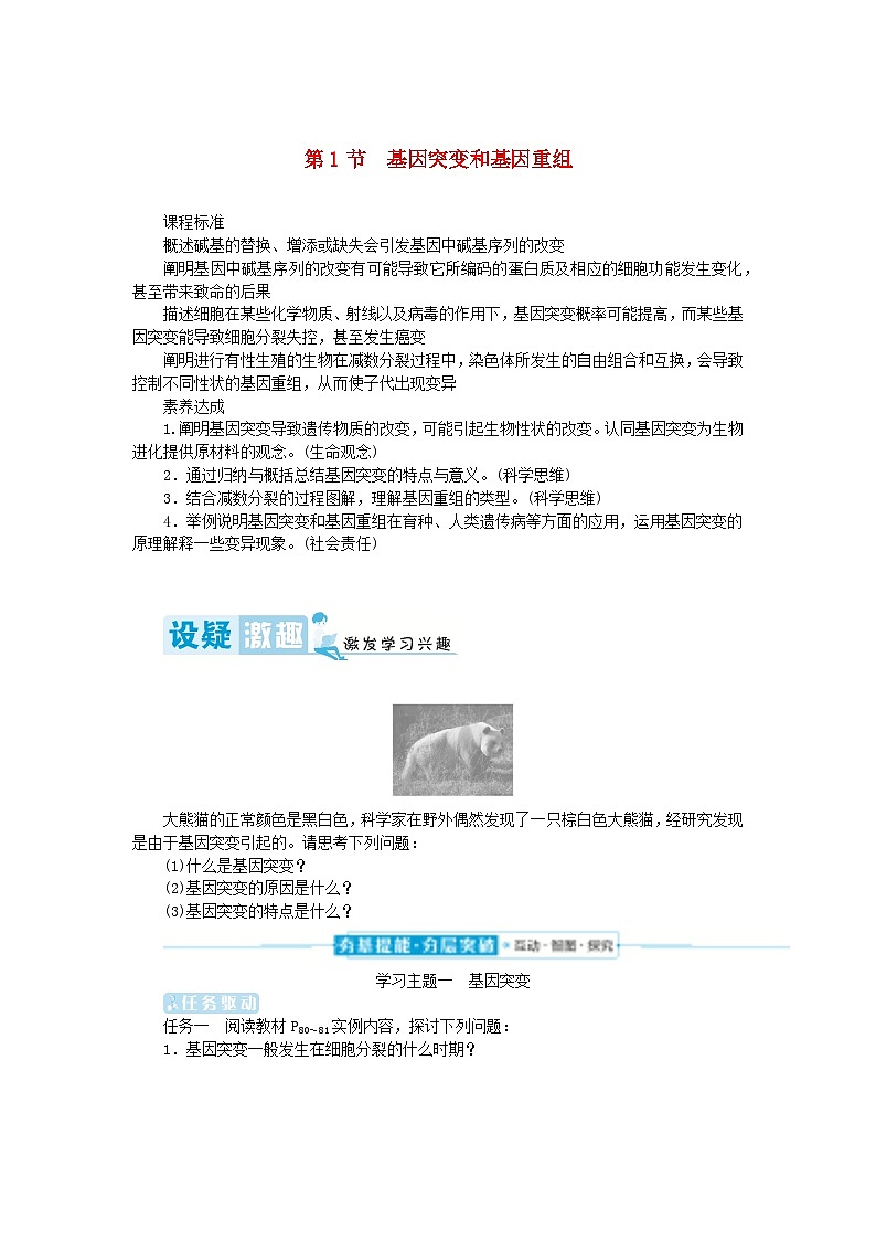 2024版新教材高中生物第5章基因突变及其他变异第1节基因突变和基因重组学生用书学案新人教版必修201