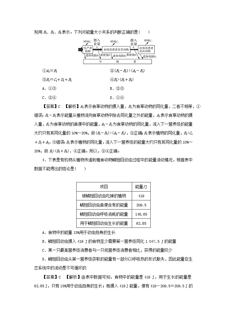 新教材2024版高中生物第3章生态系统及其稳定性第2节生态系统的能量流动课后提能集训试题新人教版选择性必修202