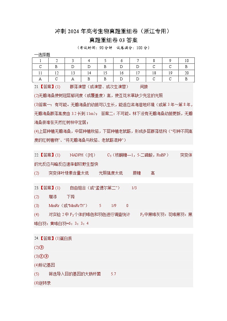 2024年浙江省杭州市高级中学高考冲刺生物真题重组卷03（解析版）01
