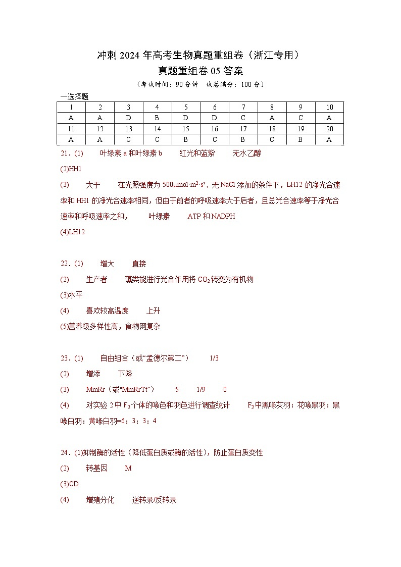 2024年浙江省杭州市高级中学高考冲刺生物真题重组卷05（解析版）01