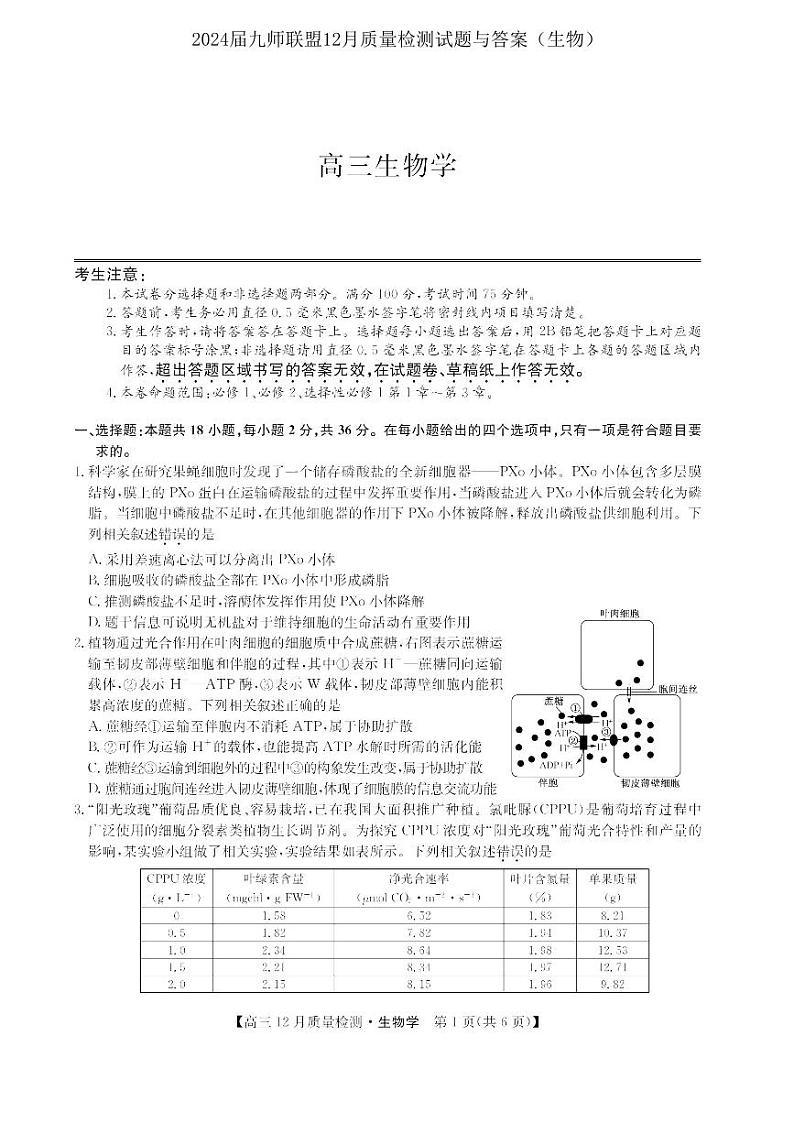 2024届九师联盟高三12月质量检测生物第1页