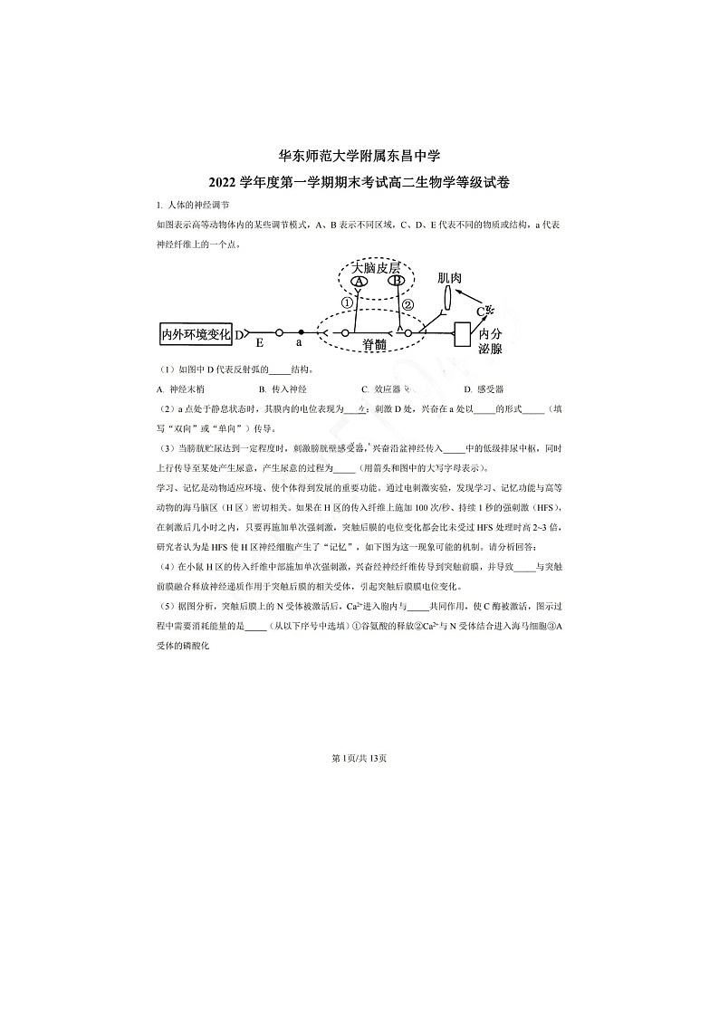 华东师范大学附属东昌中学2022-2023学年高二上期末生物等级试卷第1页