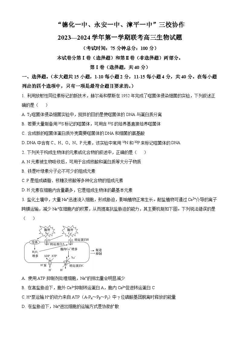 2024福建省德化一中、永安一中、漳平一中三校协作高三上学期12月联考试题生物含解析第1页