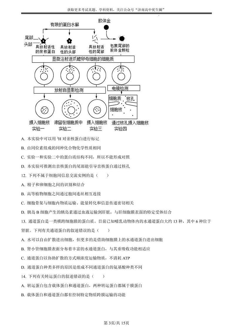 生物真题：山东省济南市2021-2022学年高一上学期期末（学情检测）考试生物试题（原卷版）03