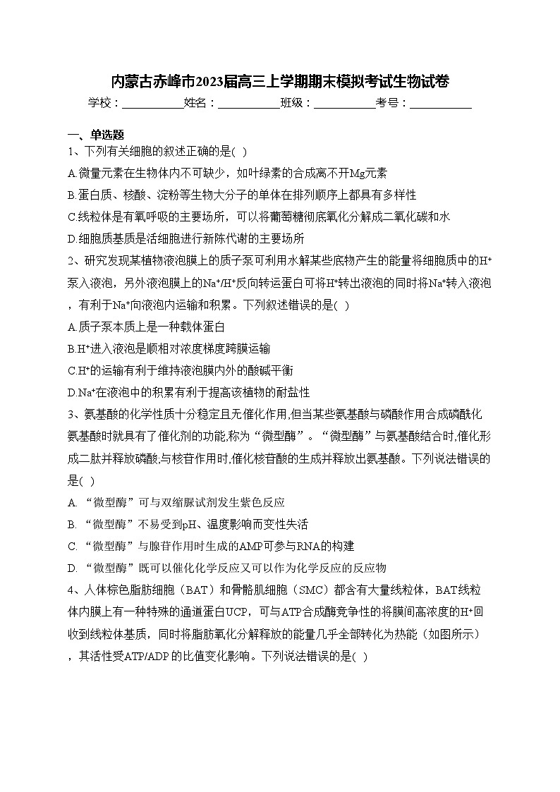 内蒙古赤峰市2023届高三上学期期末模拟考试生物试卷(含答案)01
