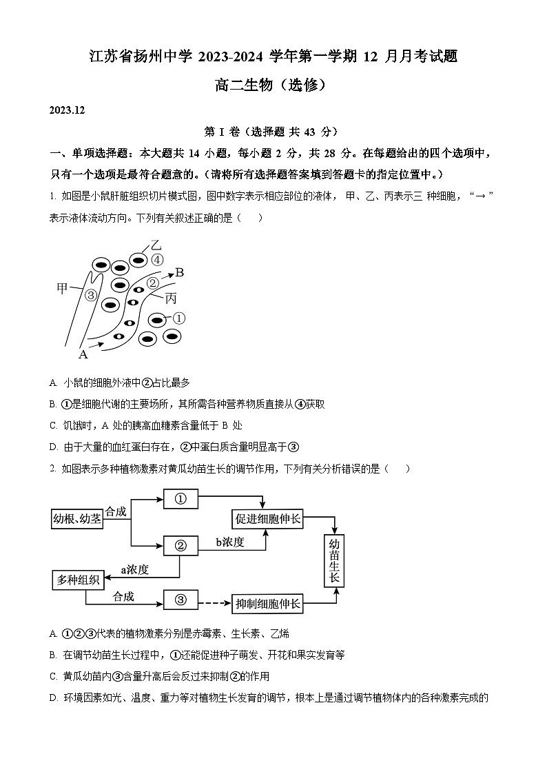 2024扬州中学高二上学期12月月考试题生物含解析第1页