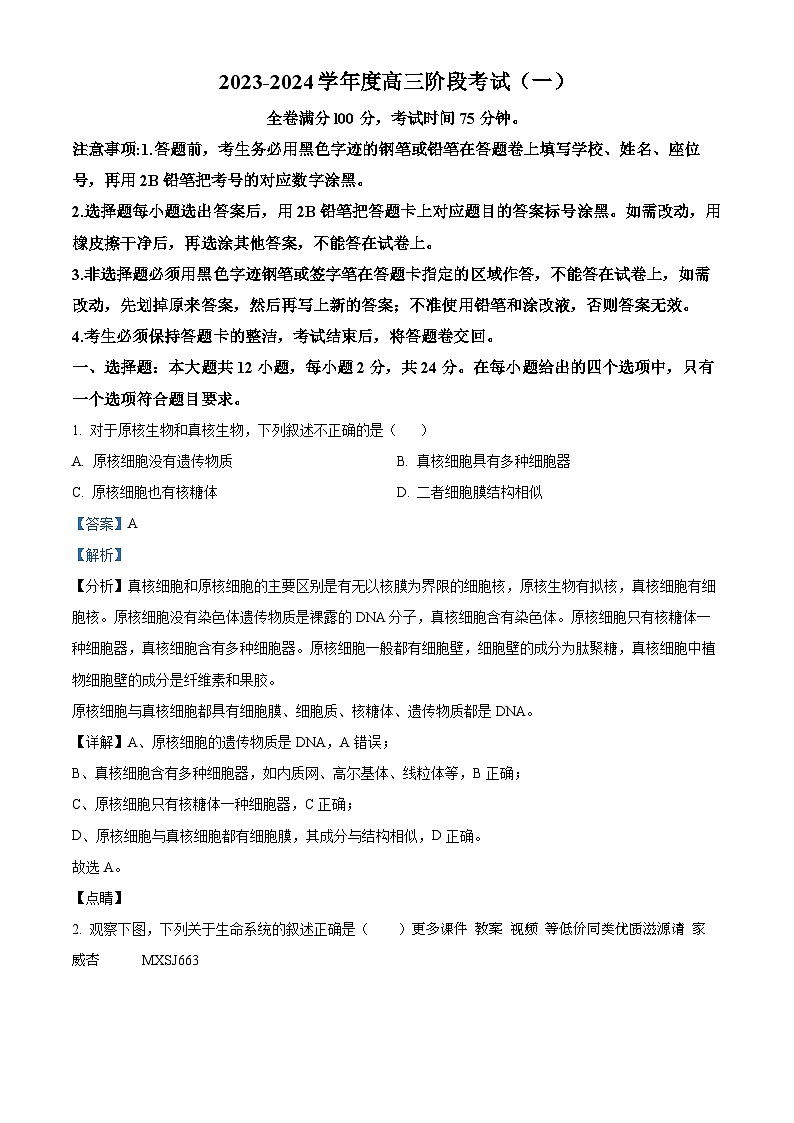 广东省汕头市潮阳黄图盛中学2023-2024学年高三上学期第一次月考生物试题（解析版）01