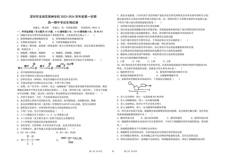 64，广东省深圳市龙岗区德琳学校2023-2024学年高一上学期期中考试生物试题01