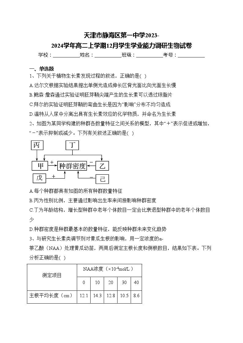 天津市静海区第一中学2023-2024学年高二上学期12月学生学业能力调研生物试卷(含答案)第1页