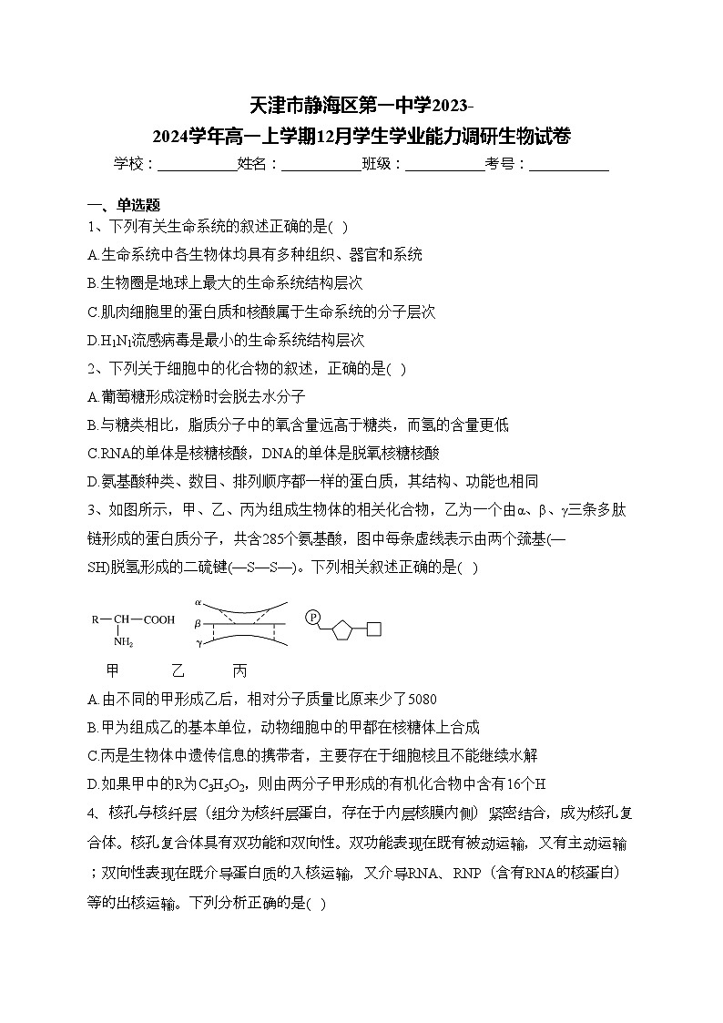 天津市静海区第一中学2023-2024学年高一上学期12月学生学业能力调研生物试卷(含答案)01