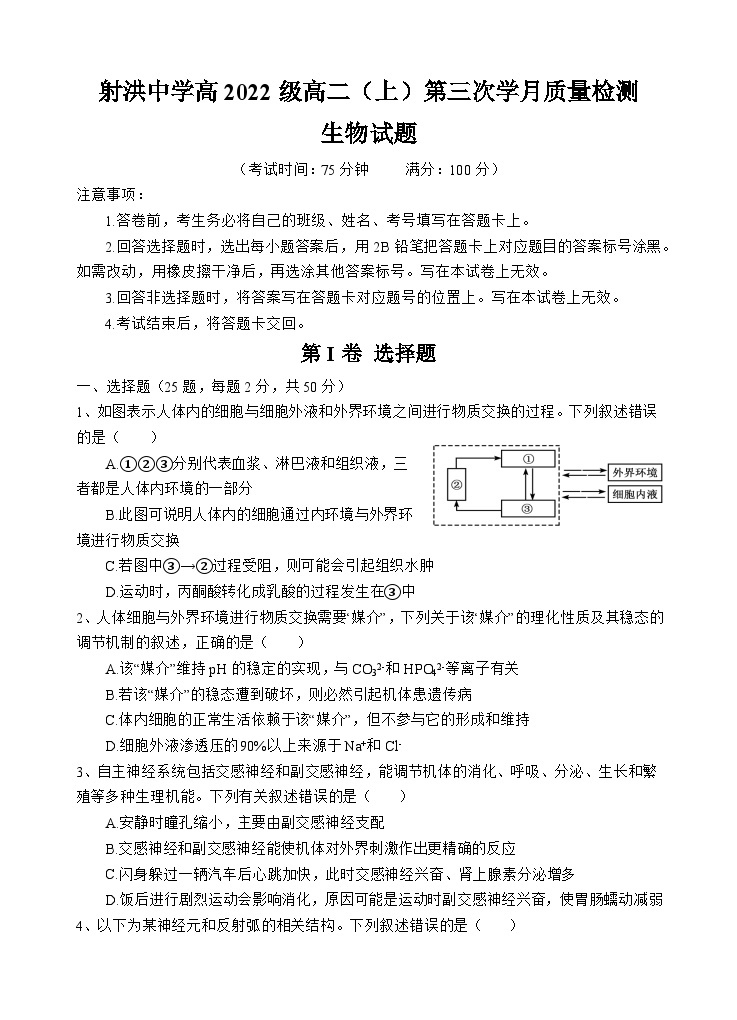 四川省射洪中学2023-2024学年高二上学期第三次质量检测试题生物（Word版附答案）01