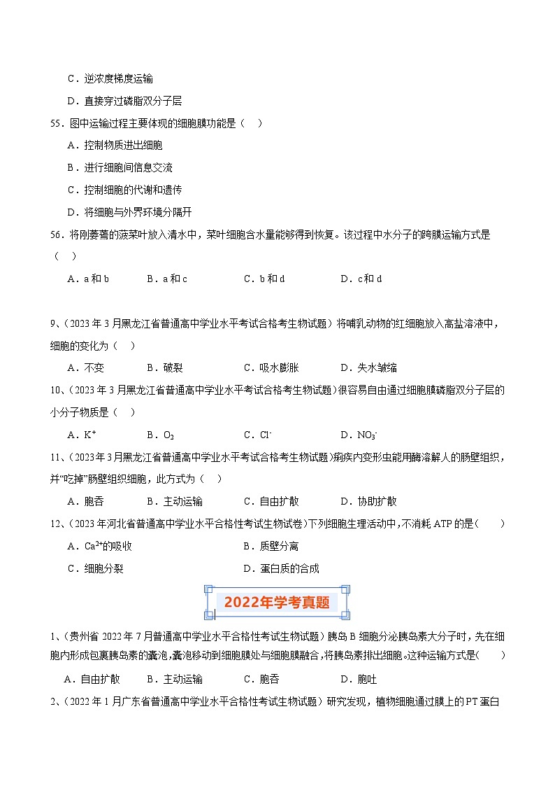 专题04 细胞的物质输入和输出-备战2024年高中学业水平考试生物真题分类汇编03