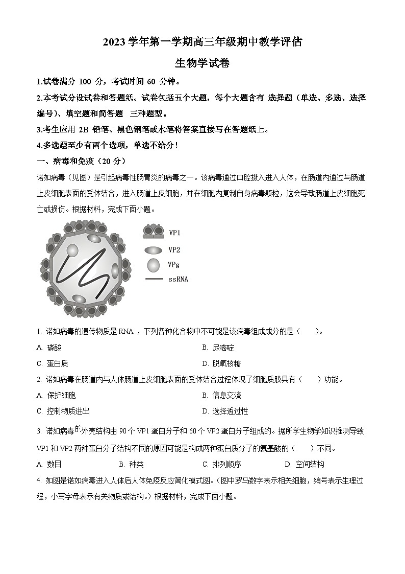 上海市东华大学附属奉贤致远中学2023-2024学年高三上学期期中生物试题（Word版附解析）第1页