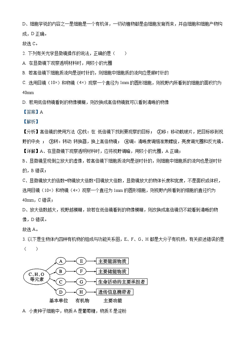 四川省射洪中学校2023—2024学年高一（强基班）上学期第三次月考生物试题（Word版附解析）02