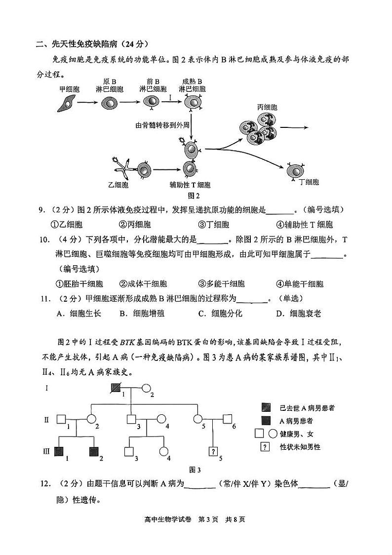 上海市静安区2023-2024学年高三上学期期末教学质量检测生物试题第3页