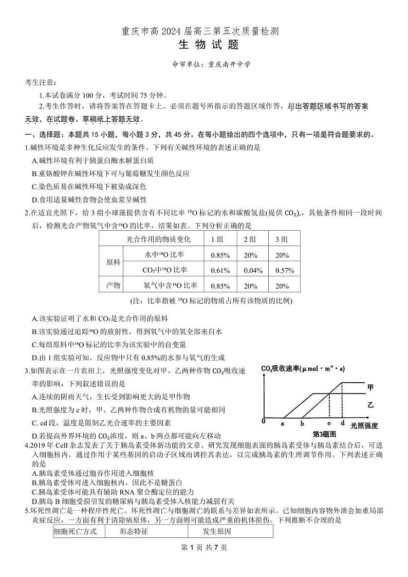 重庆市南开中学高2024届高三第五次质量检测生物试题第1页