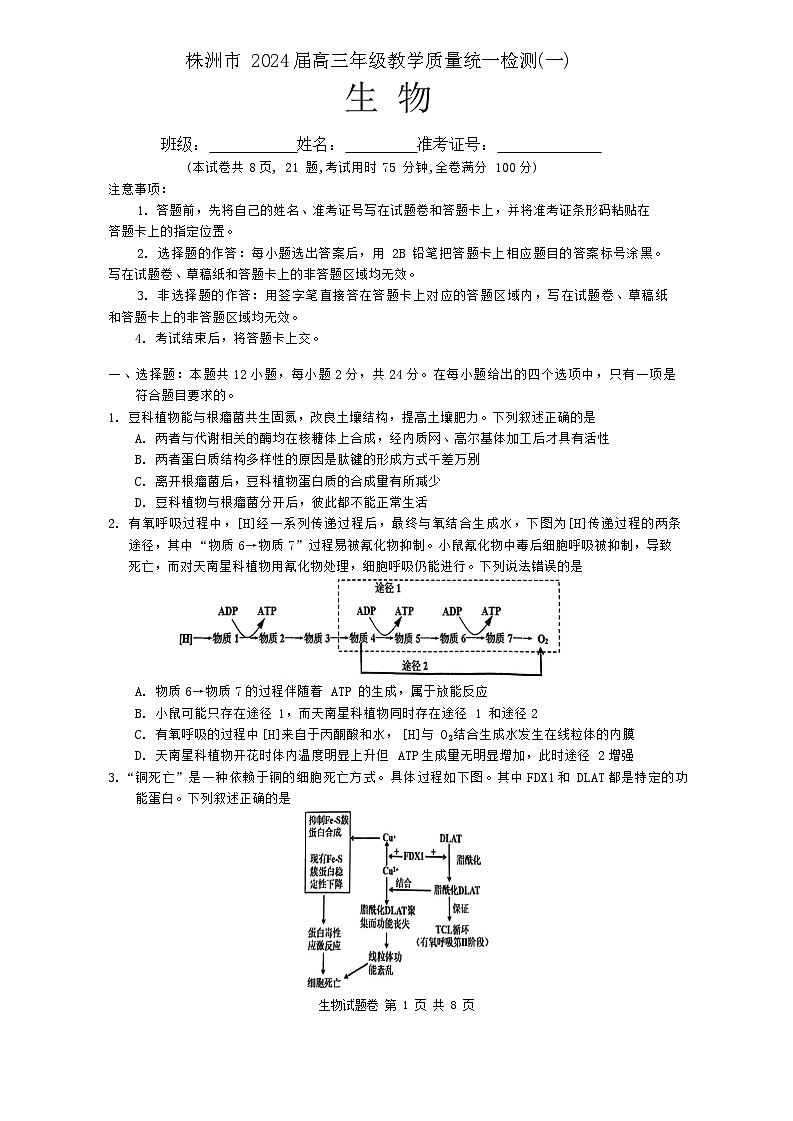 湖南省株洲市2023-2024学年高三上学期教学质量统一检测（一）生物试题第1页