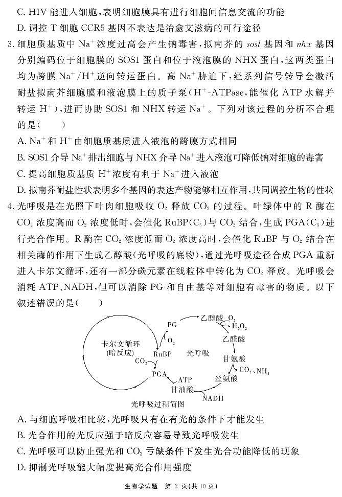 安徽省合肥一六八中学2023-2024学年高三上学期名校名师测评卷（四）生物试题第2页