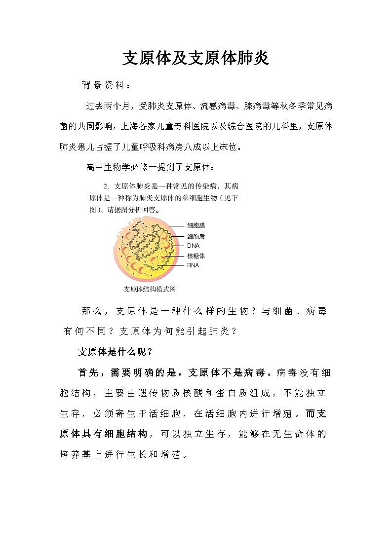 备课素材知识点：支原体及支原体肺炎- 高中生物人教版必修1第1页