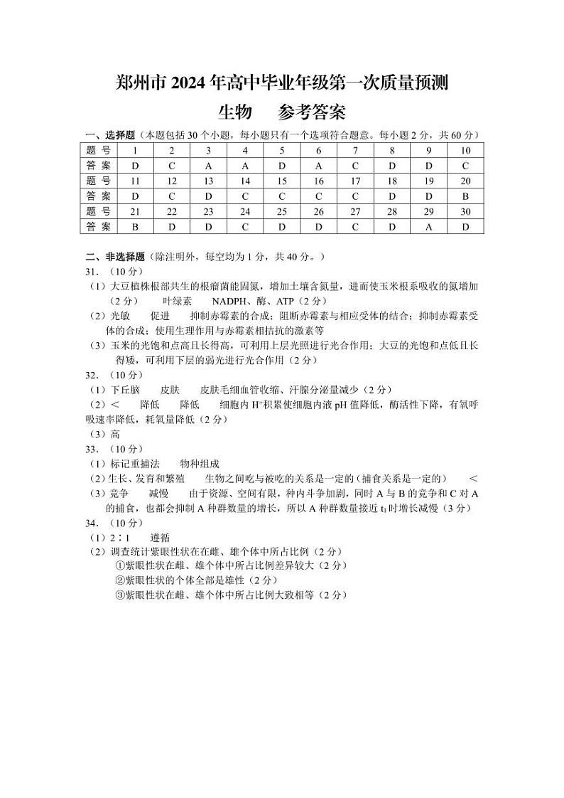 郑州市2024年高中毕业年级第一次质量预测（高三一模）生物参考答案01
