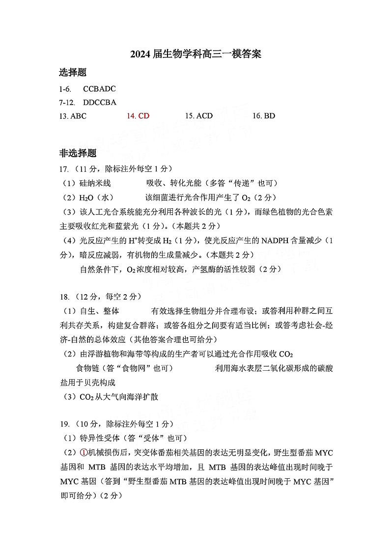 2024株洲高三上学期教学质量统一检测（一）生物试卷含答案01