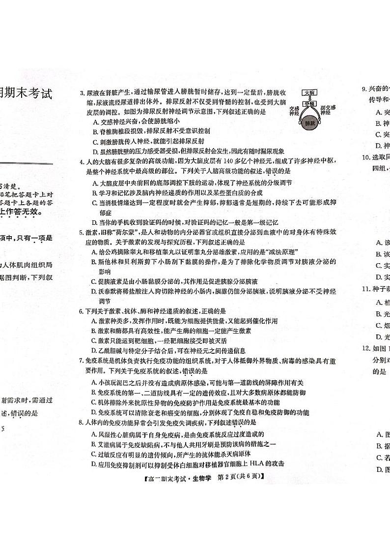 甘肃省酒泉市2023-2024学年高二上学期期末考试生物试题第2页