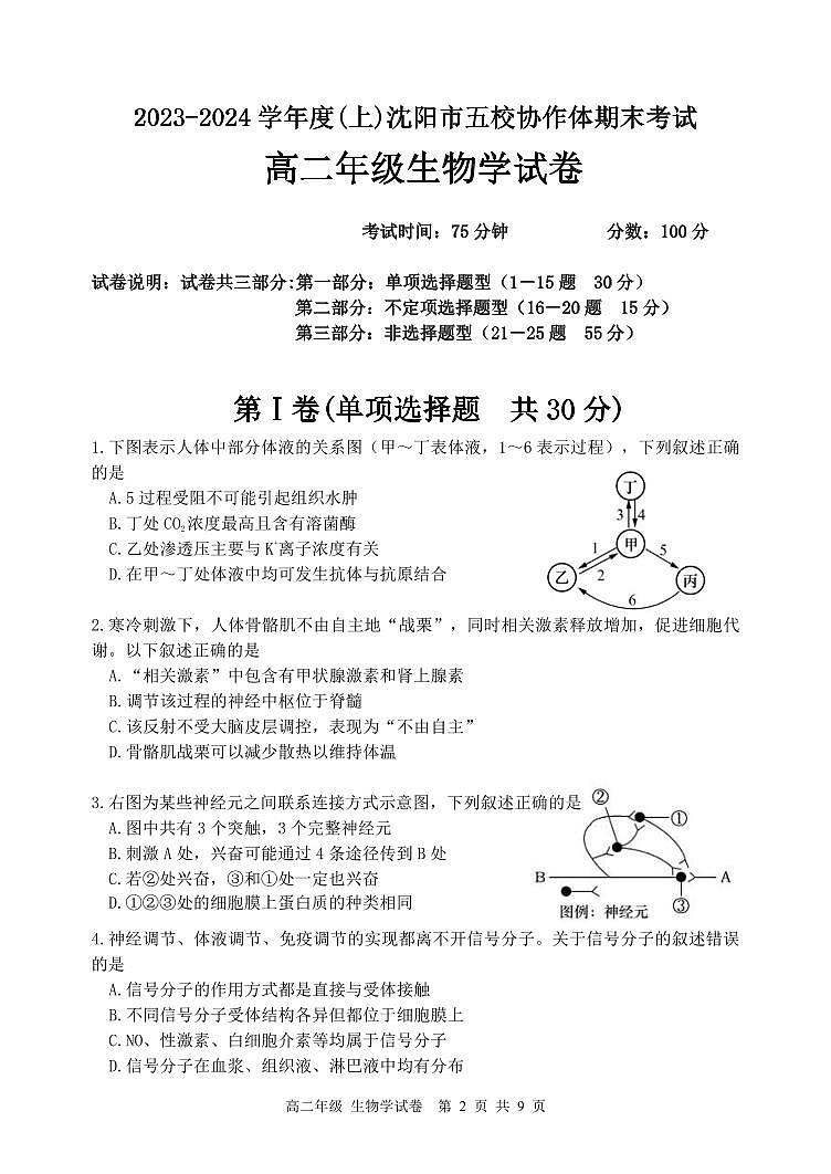 辽宁省沈阳市五校协作体2023-2024学年高二上学期期末生物试题（PDF版附答案）第2页