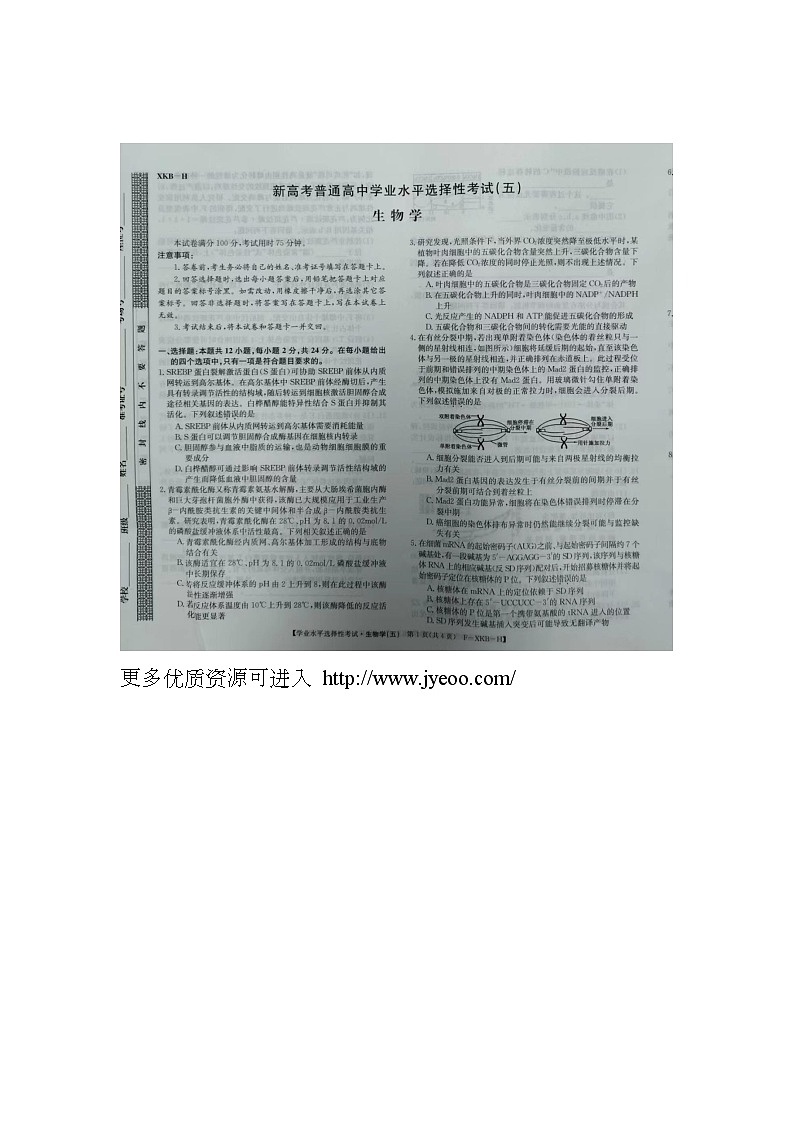 江西省贵溪市实验中学2023-2024学年高三上学期1月第五次月考生物试卷01