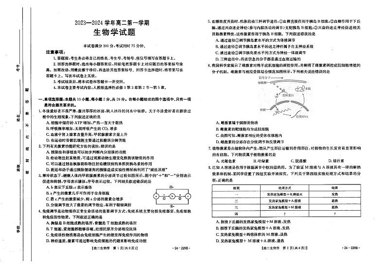 2024邢台部分重点高中高二上学期1月期末考试生物PDF版含答案第1页