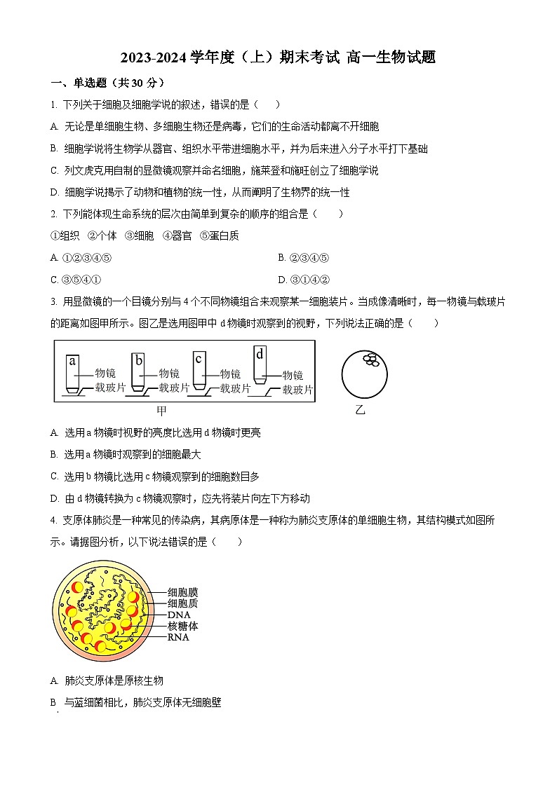 2024省佳木斯三校联考高一上学期1月期末考试生物含解析01