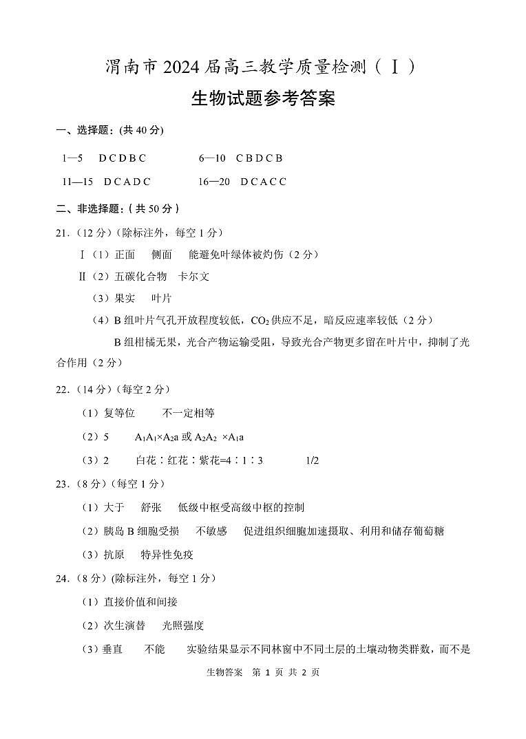 陕西省渭南市2024届高三教学质量检测（一）（渭南一模）生物试题及答案01