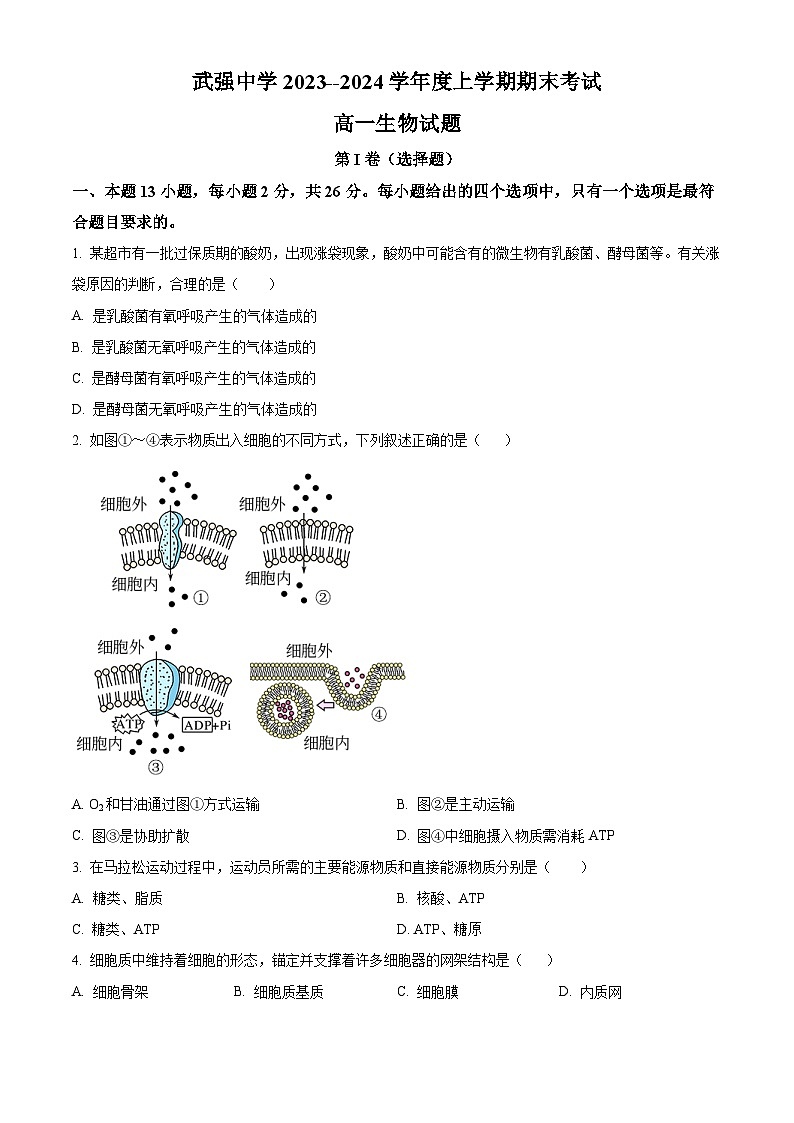 2024衡水武强中学高一上学期期末考试生物含解析01