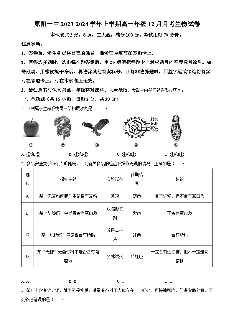 2024新乡原阳县一中高一上学期12月月考试题生物含解析01