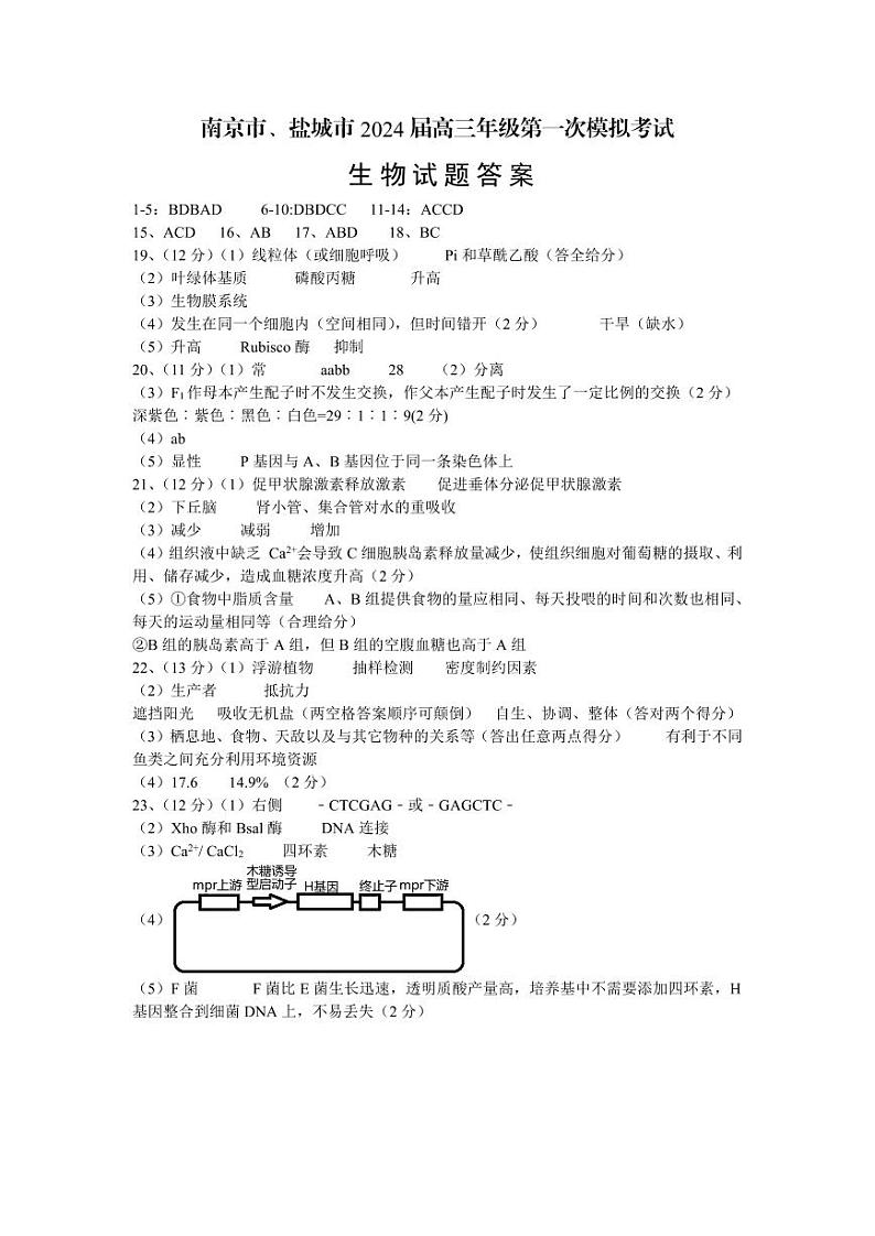 2024届江苏南京市、盐城市高三上学期第一次模拟考试生物试题01