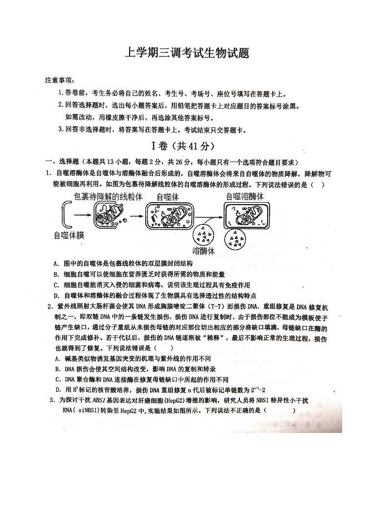 河北省武邑中学2024届高三上学期三调考试生物01