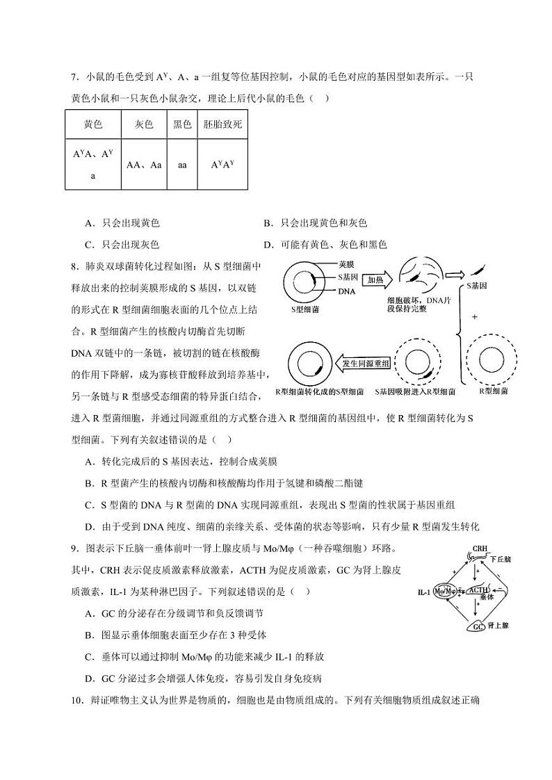 2024届重庆市乌江新高考高三下学期生物模拟试题（一模）含答案02