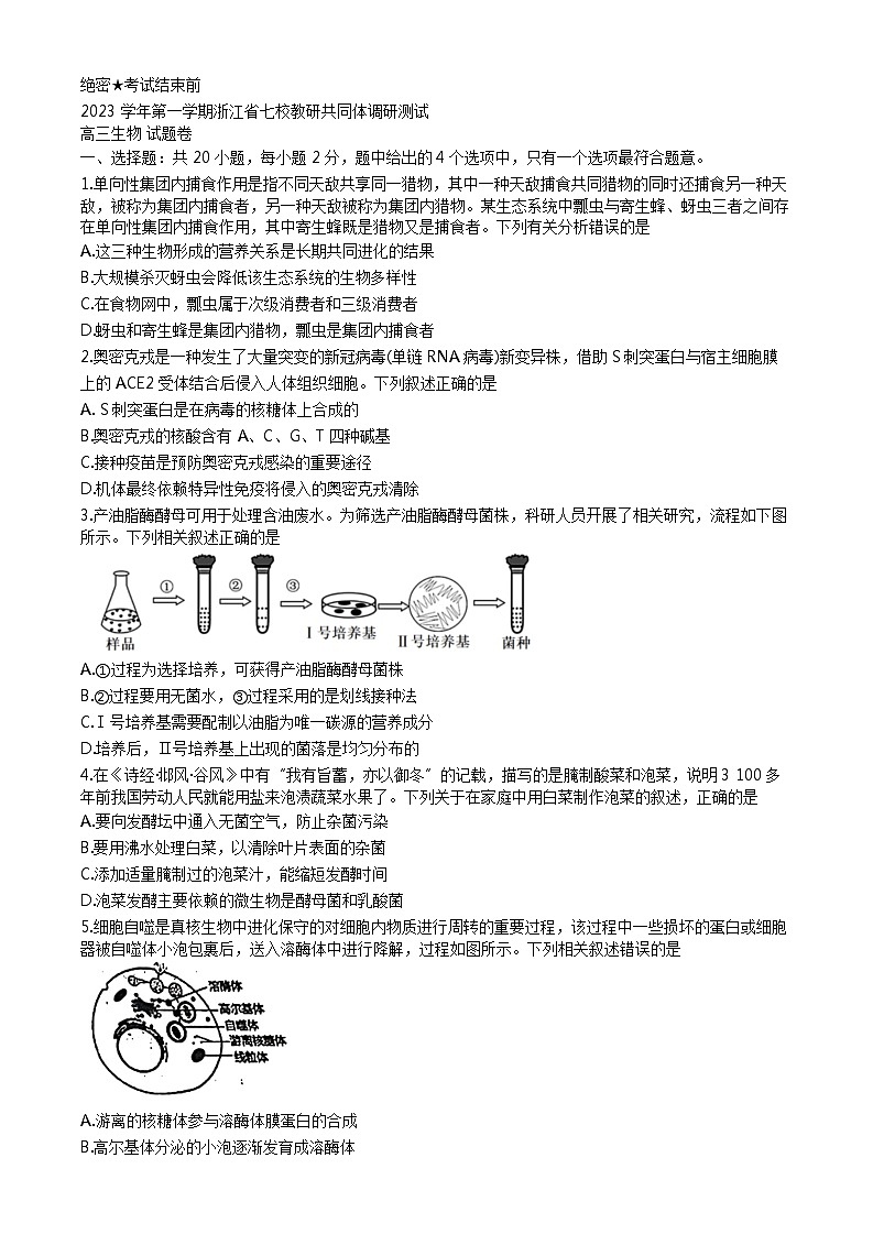 浙江省七校教改共同体2023-2024学年高三上学期1月联考生物试题（Word版附解析）01