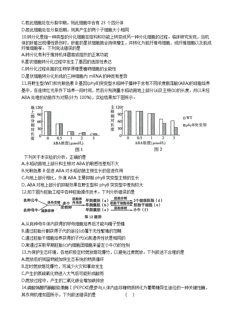 浙江省七校教改共同体2023-2024学年高三上学期1月联考生物试题（Word版附解析）03