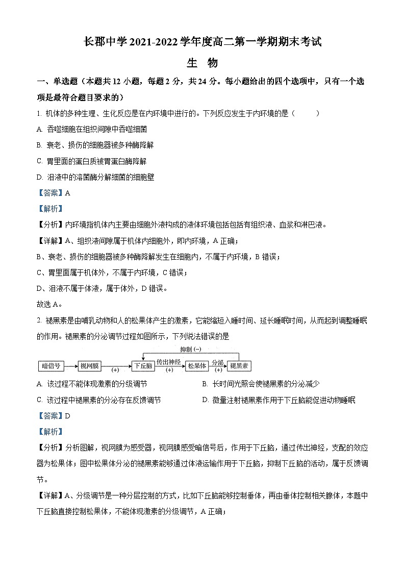 湖南省长沙市长郡中学2021-2022学年高二上学期期末生物试题1（解析版）第1页