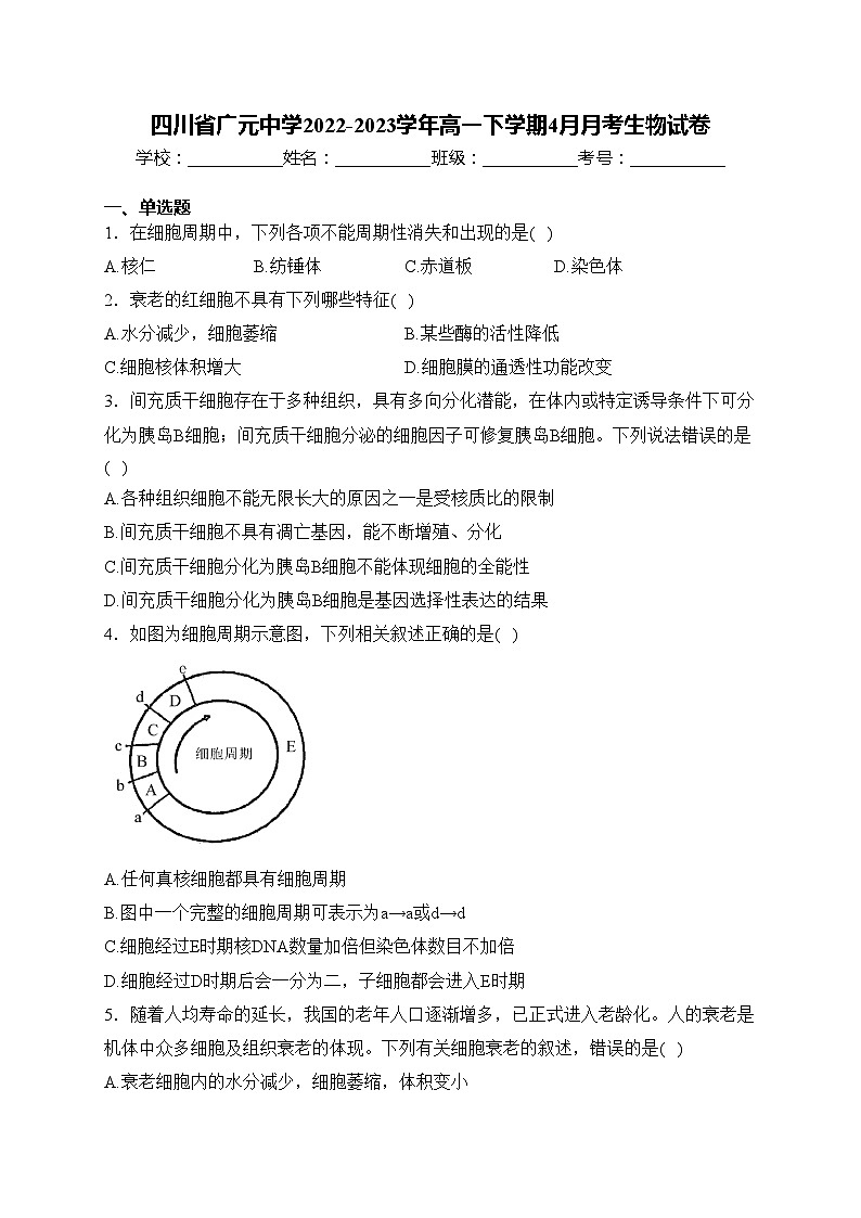 四川省广元中学2022-2023学年高一下学期4月月考生物试卷(含答案)01