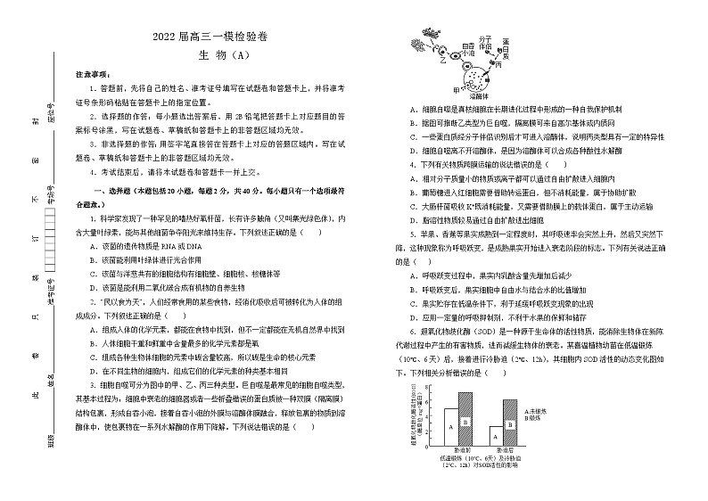 2022届高三一模检测卷 生物 A卷 学生版第1页