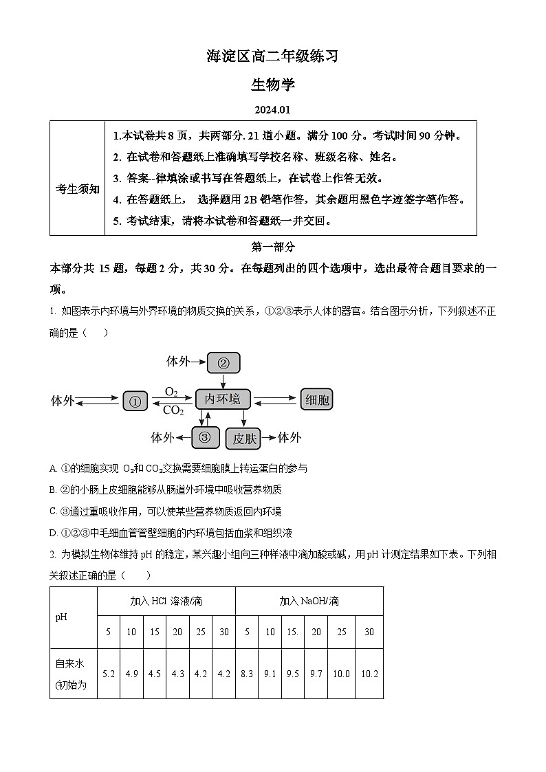 2024北京海淀区高二上学期期末考试生物含解析01