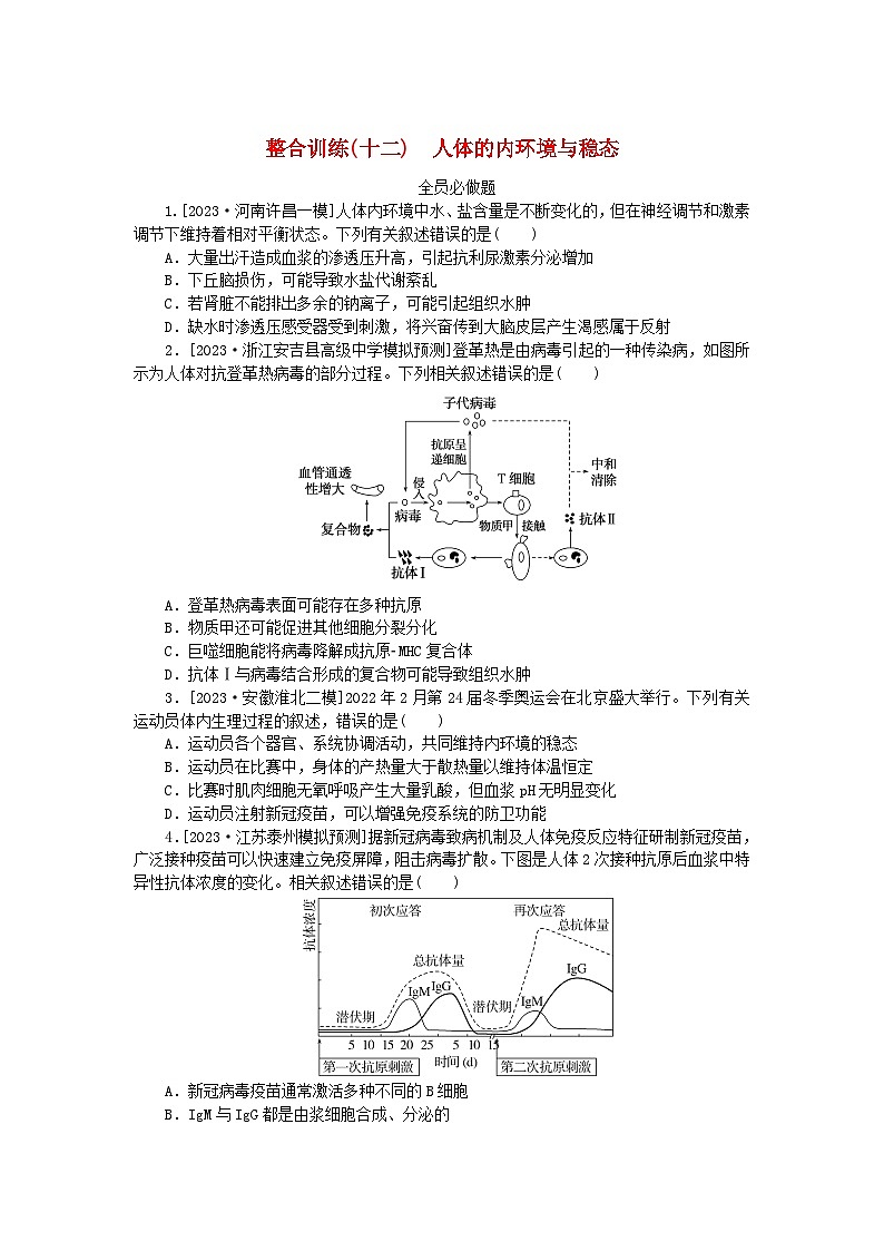 统考版2024高考生物二轮专题复习整合训练12人体的内环境与稳态第1页