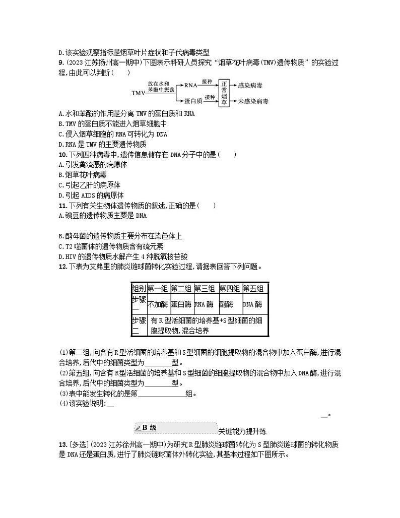 江苏专版2023_2024学年新教材高中生物第3章基因的本质第1节DNA是主要的遗传物质分层作业新人教版必修203